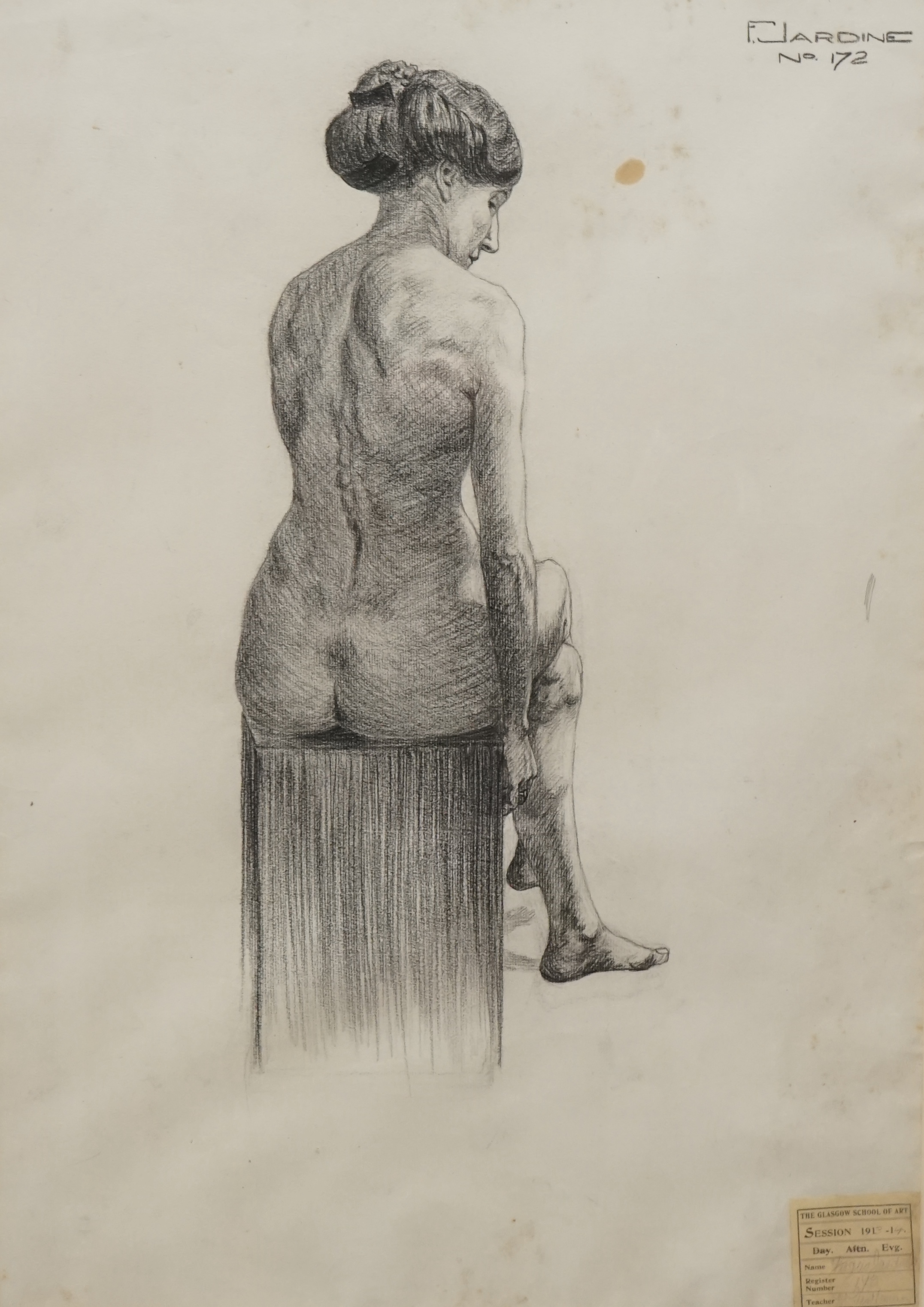 F. Jardine, charcoal, Nude study, Glasgow School of Art 1913-14 label, signed, 59 x 41cm. Condition - stained